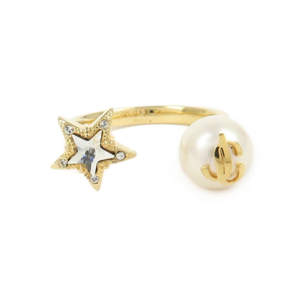 Jimmy Choo Faux Pearl Crystal Star Ring Gold Plating US8